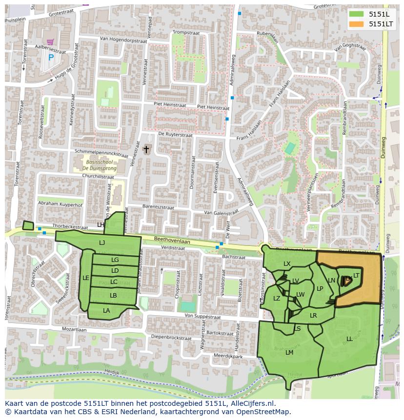 Afbeelding van het postcodegebied 5151 LT op de kaart.
