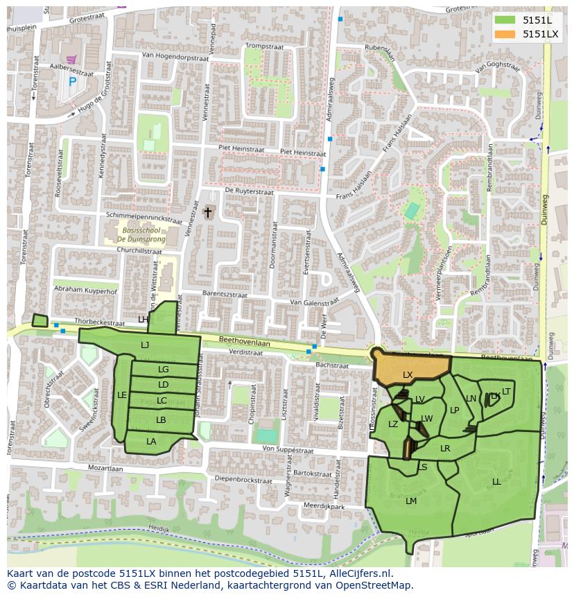 Afbeelding van het postcodegebied 5151 LX op de kaart.