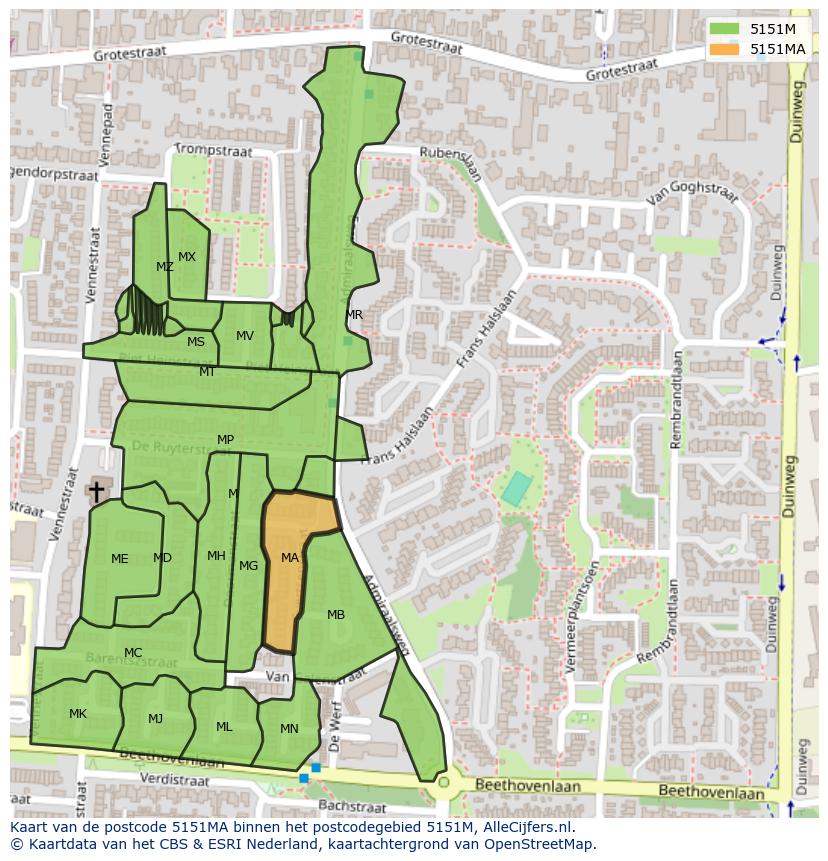 Afbeelding van het postcodegebied 5151 MA op de kaart.