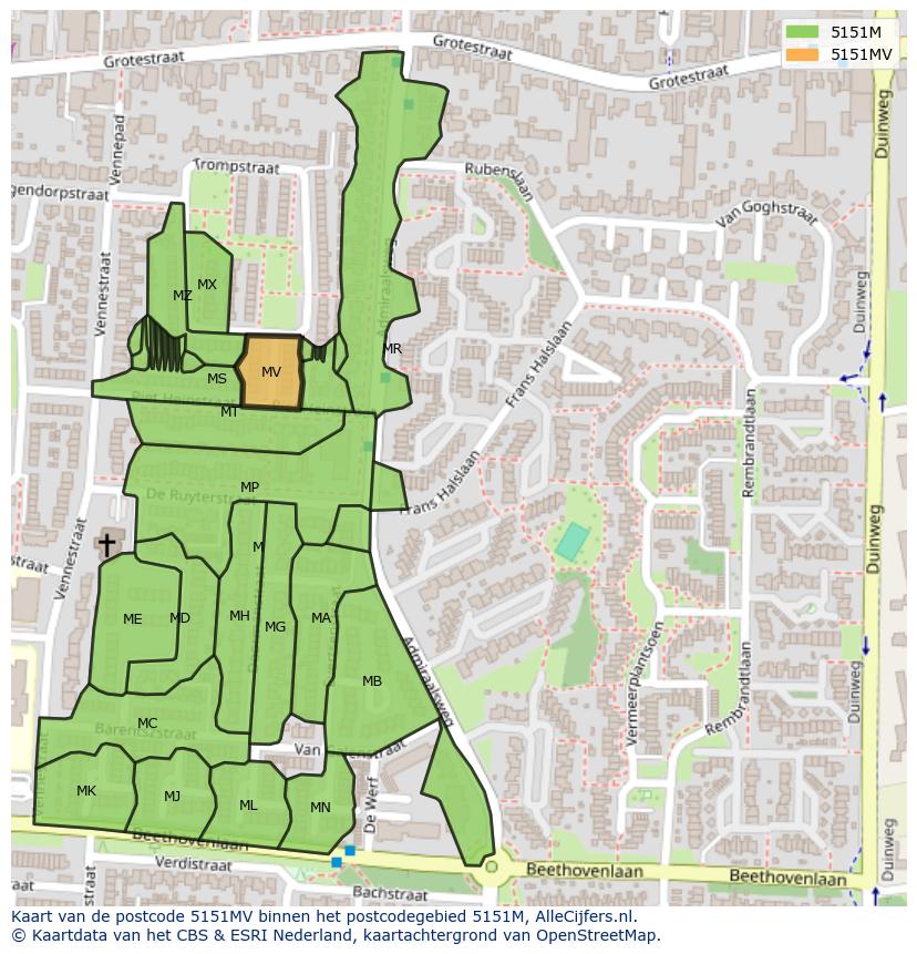 Afbeelding van het postcodegebied 5151 MV op de kaart.