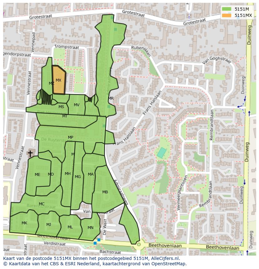 Afbeelding van het postcodegebied 5151 MX op de kaart.