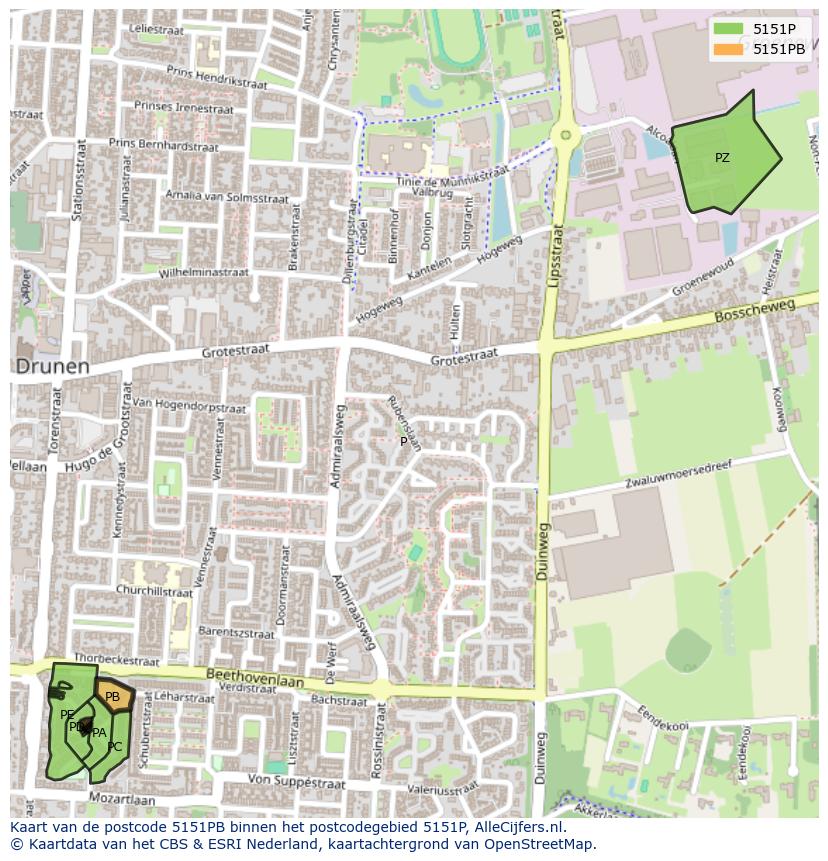 Afbeelding van het postcodegebied 5151 PB op de kaart.
