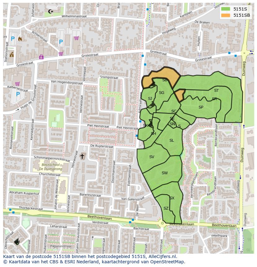 Afbeelding van het postcodegebied 5151 SB op de kaart.