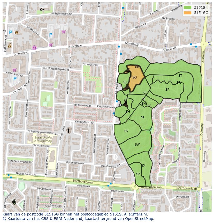 Afbeelding van het postcodegebied 5151 SG op de kaart.