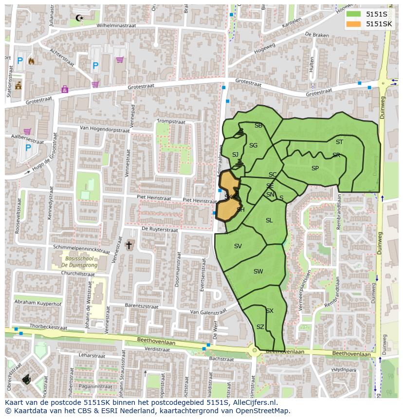 Afbeelding van het postcodegebied 5151 SK op de kaart.