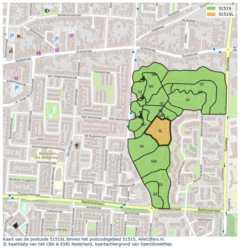 Afbeelding van het postcodegebied 5151 SL op de kaart.