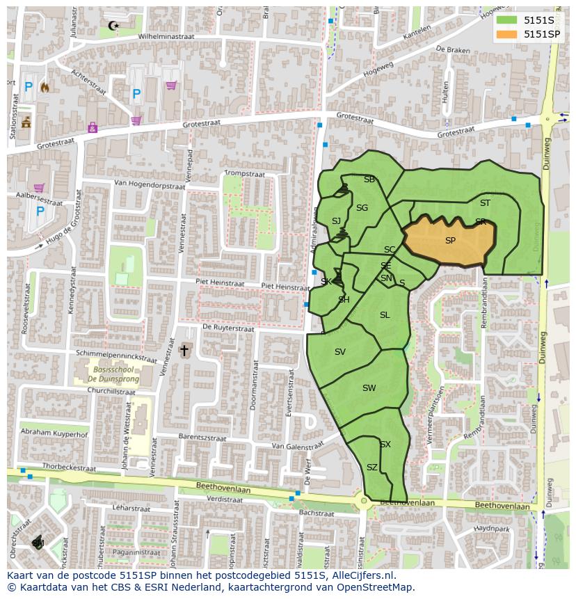 Afbeelding van het postcodegebied 5151 SP op de kaart.