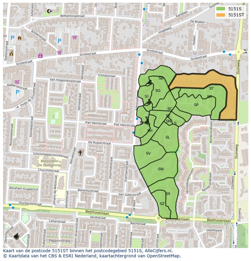 Afbeelding van het postcodegebied 5151 ST op de kaart.