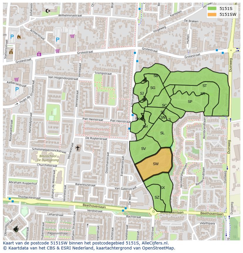 Afbeelding van het postcodegebied 5151 SW op de kaart.