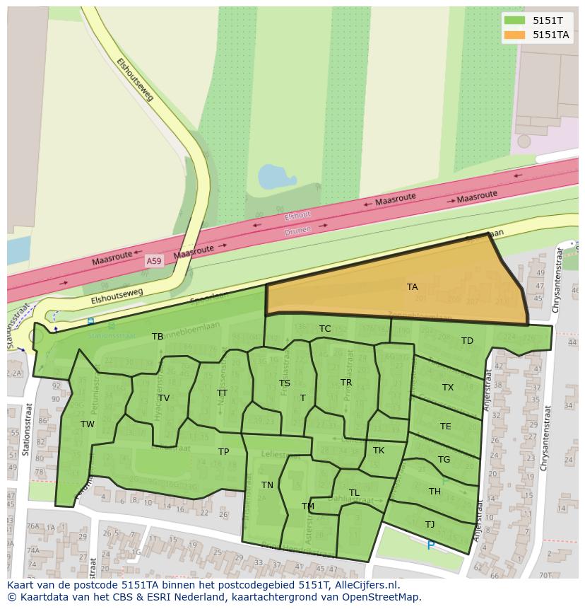 Afbeelding van het postcodegebied 5151 TA op de kaart.
