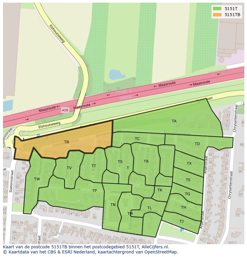 Afbeelding van het postcodegebied 5151 TB op de kaart.