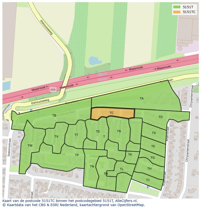 Afbeelding van het postcodegebied 5151 TC op de kaart.