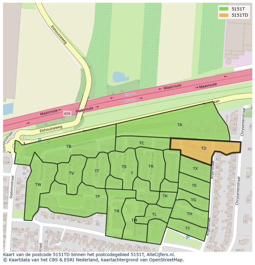 Afbeelding van het postcodegebied 5151 TD op de kaart.
