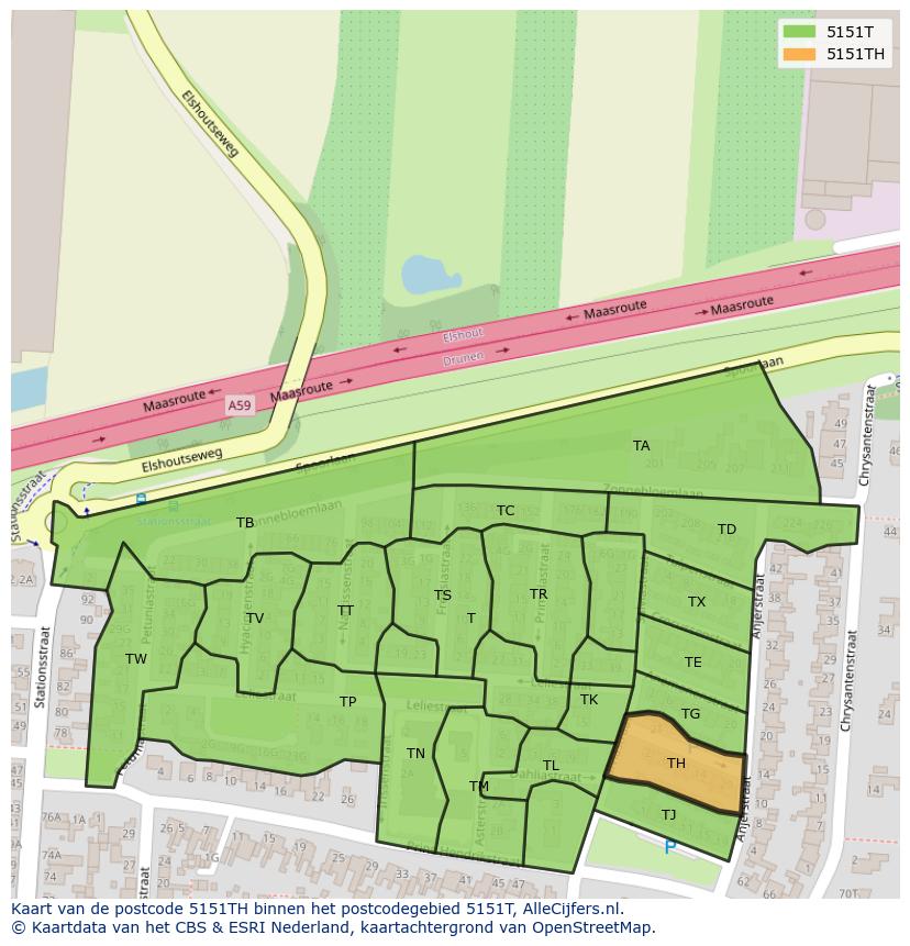 Afbeelding van het postcodegebied 5151 TH op de kaart.