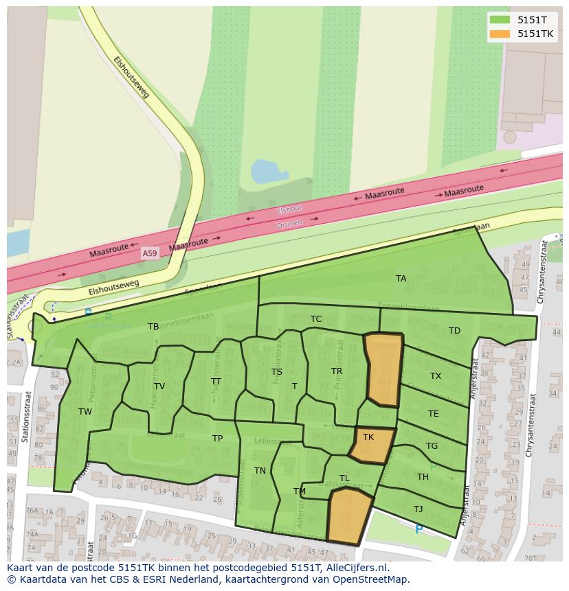 Afbeelding van het postcodegebied 5151 TK op de kaart.
