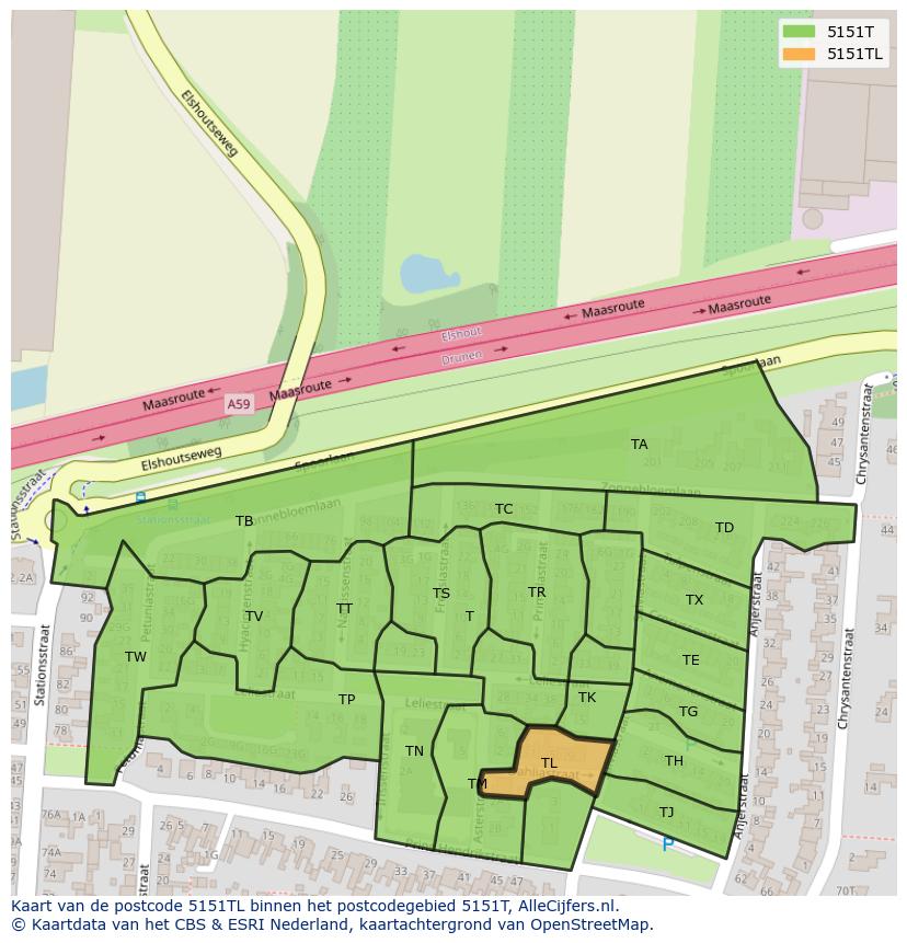 Afbeelding van het postcodegebied 5151 TL op de kaart.