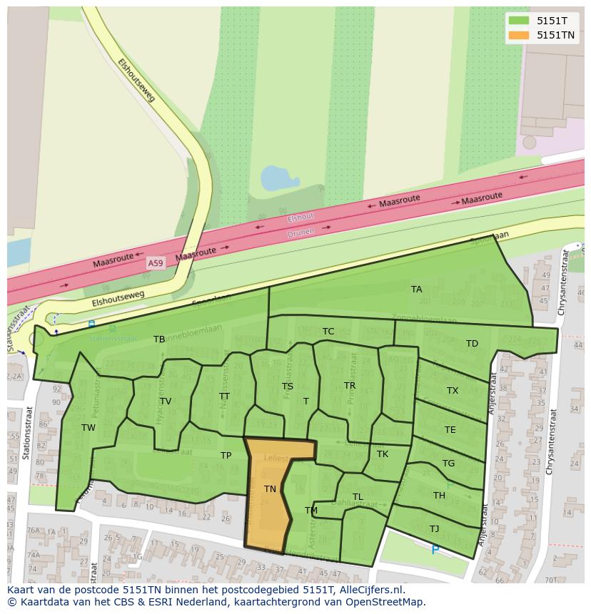 Afbeelding van het postcodegebied 5151 TN op de kaart.