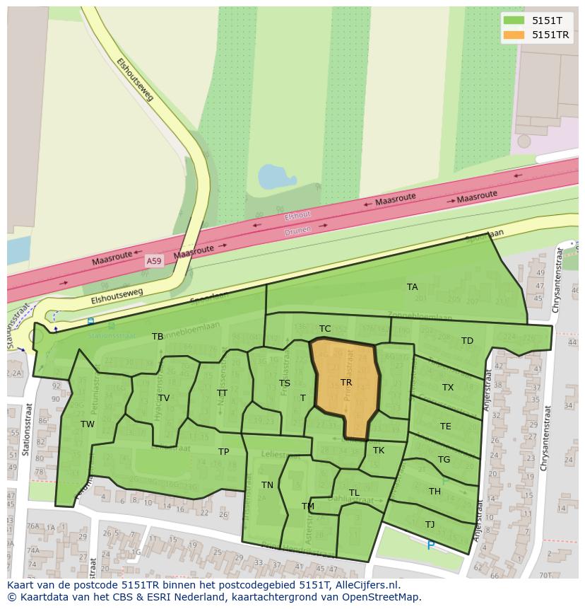 Afbeelding van het postcodegebied 5151 TR op de kaart.