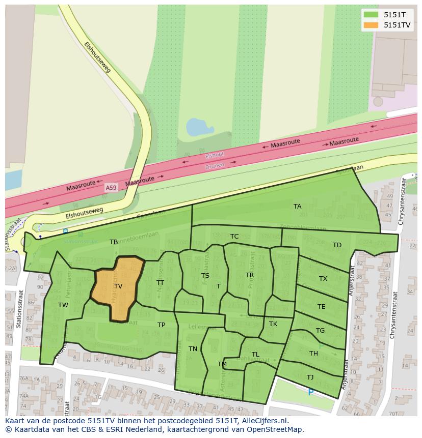 Afbeelding van het postcodegebied 5151 TV op de kaart.