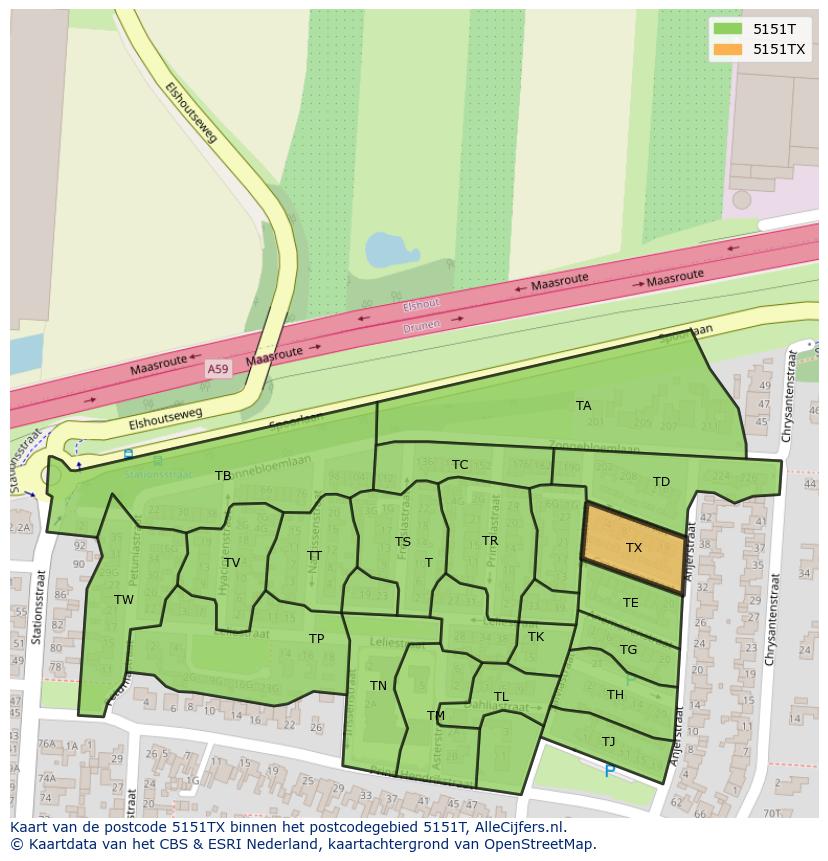 Afbeelding van het postcodegebied 5151 TX op de kaart.
