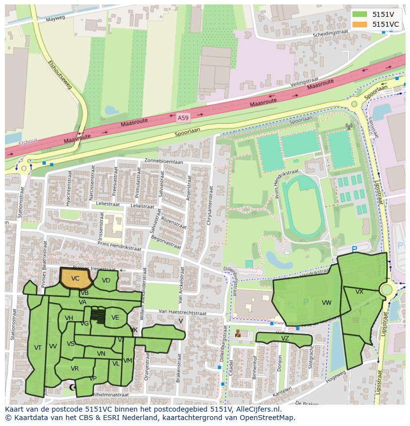 Afbeelding van het postcodegebied 5151 VC op de kaart.