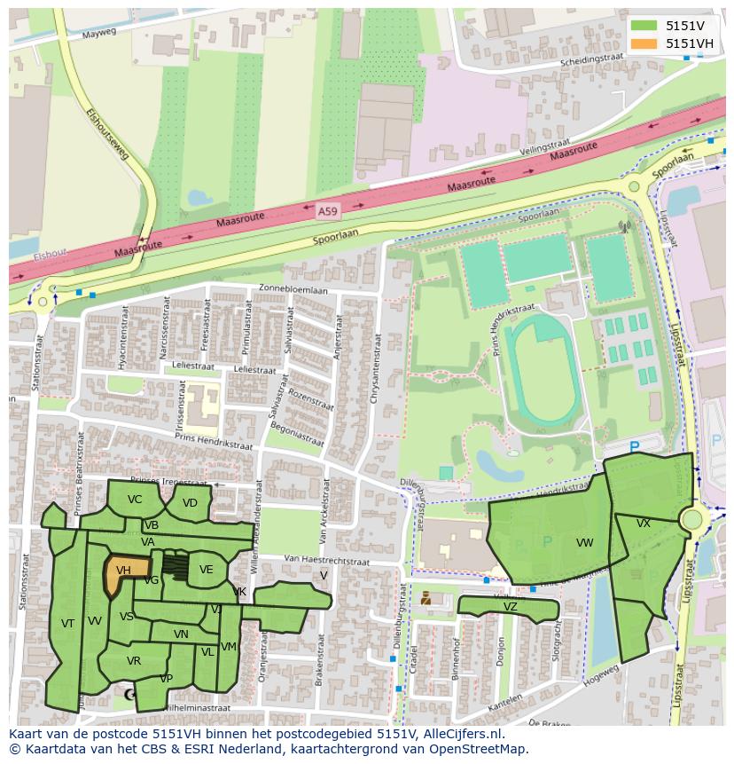 Afbeelding van het postcodegebied 5151 VH op de kaart.