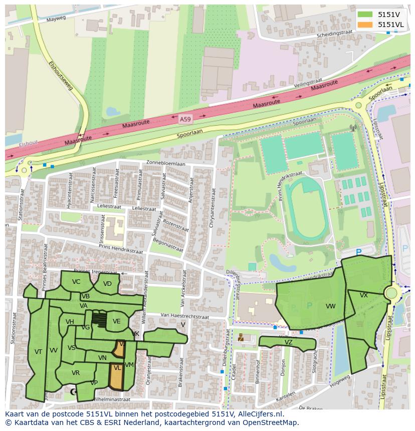 Afbeelding van het postcodegebied 5151 VL op de kaart.