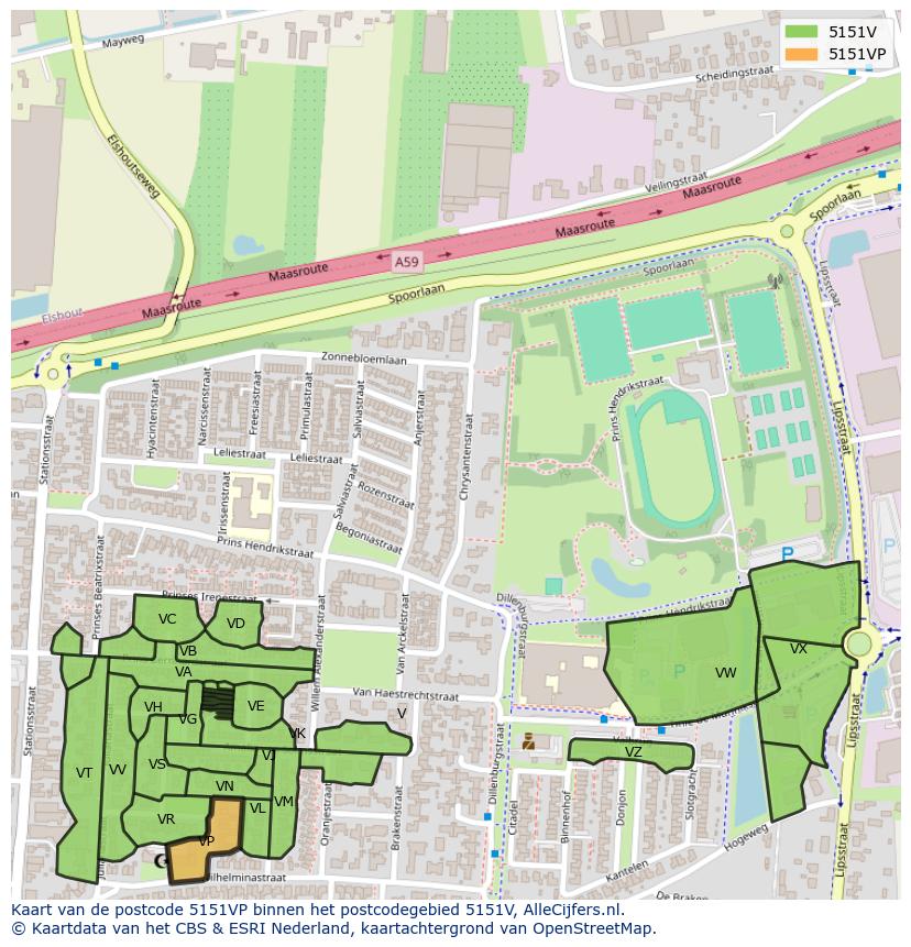 Afbeelding van het postcodegebied 5151 VP op de kaart.