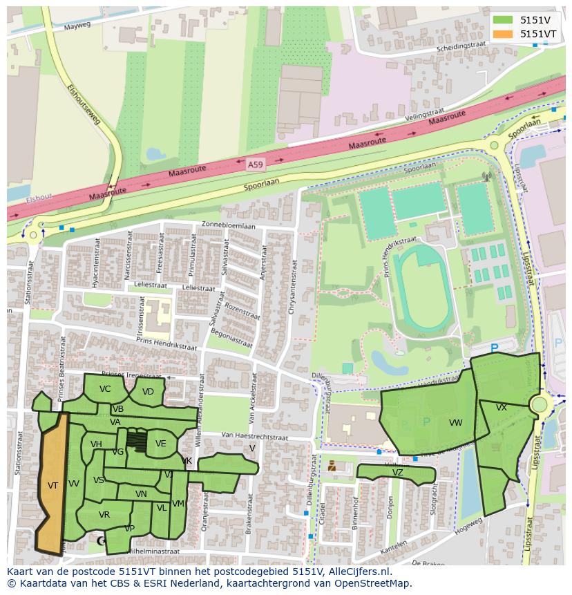 Afbeelding van het postcodegebied 5151 VT op de kaart.