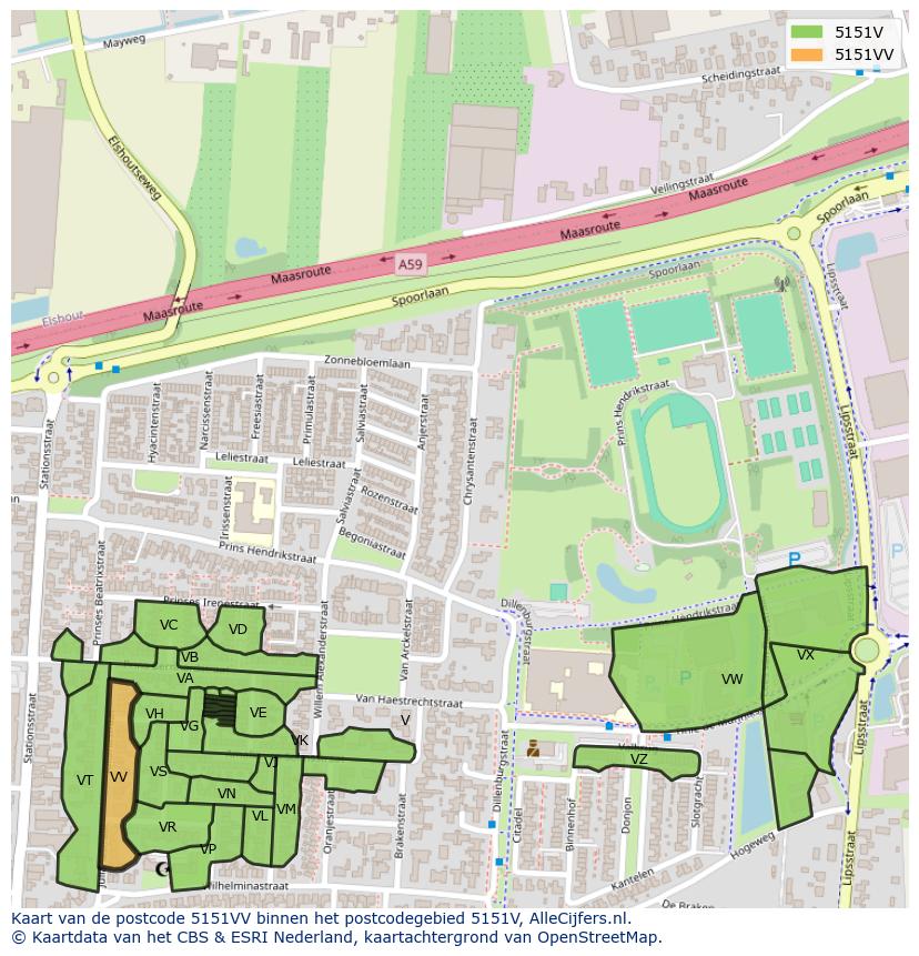 Afbeelding van het postcodegebied 5151 VV op de kaart.
