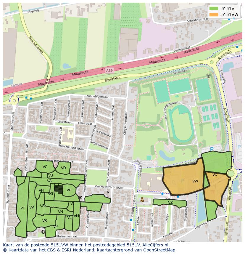 Afbeelding van het postcodegebied 5151 VW op de kaart.