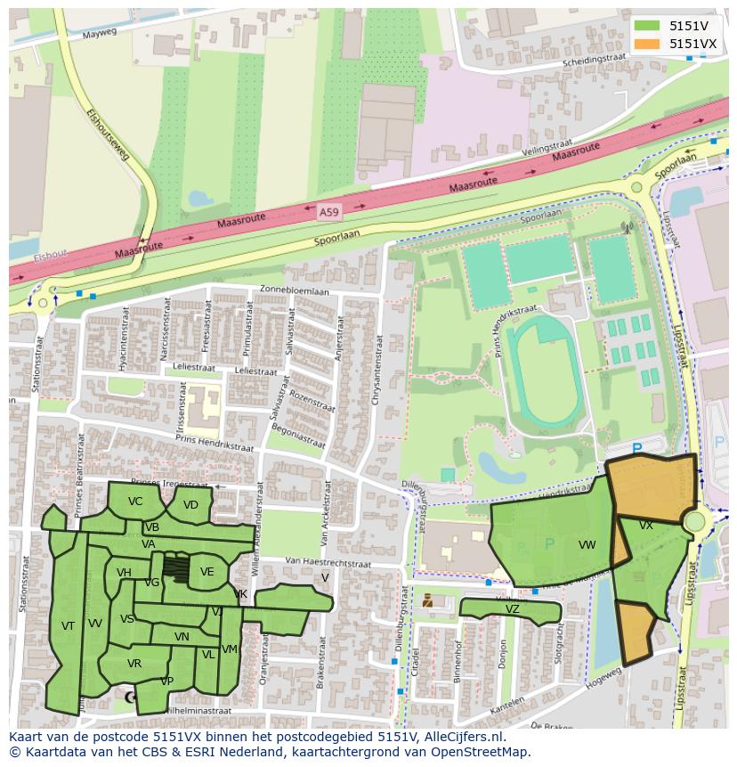 Afbeelding van het postcodegebied 5151 VX op de kaart.