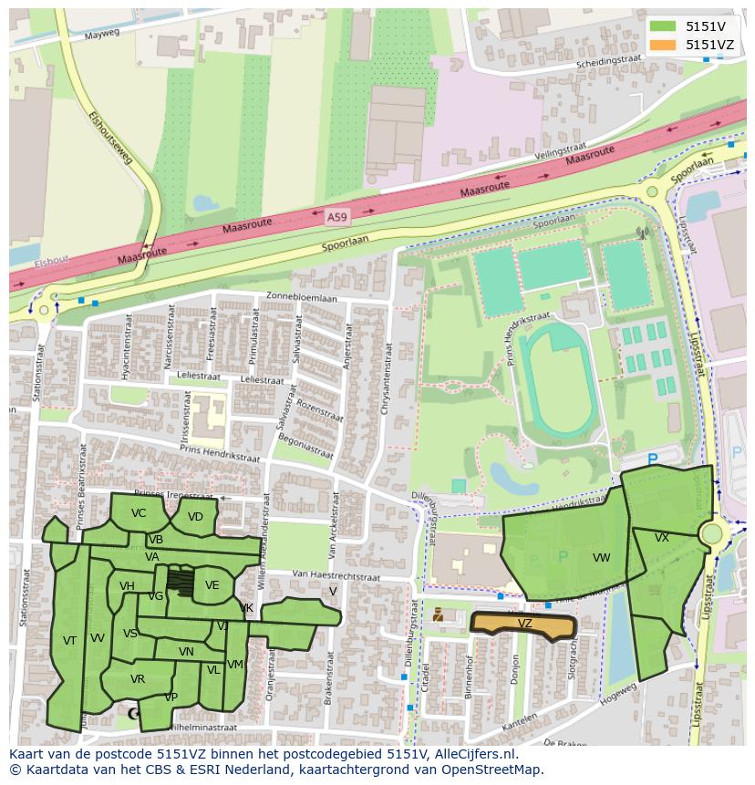 Afbeelding van het postcodegebied 5151 VZ op de kaart.