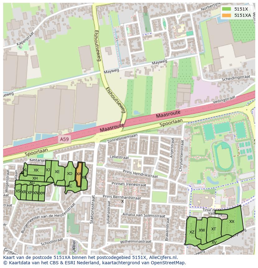 Afbeelding van het postcodegebied 5151 XA op de kaart.