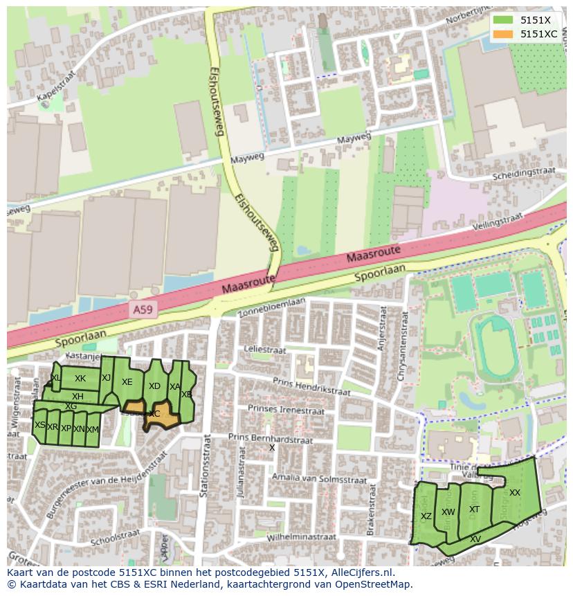 Afbeelding van het postcodegebied 5151 XC op de kaart.