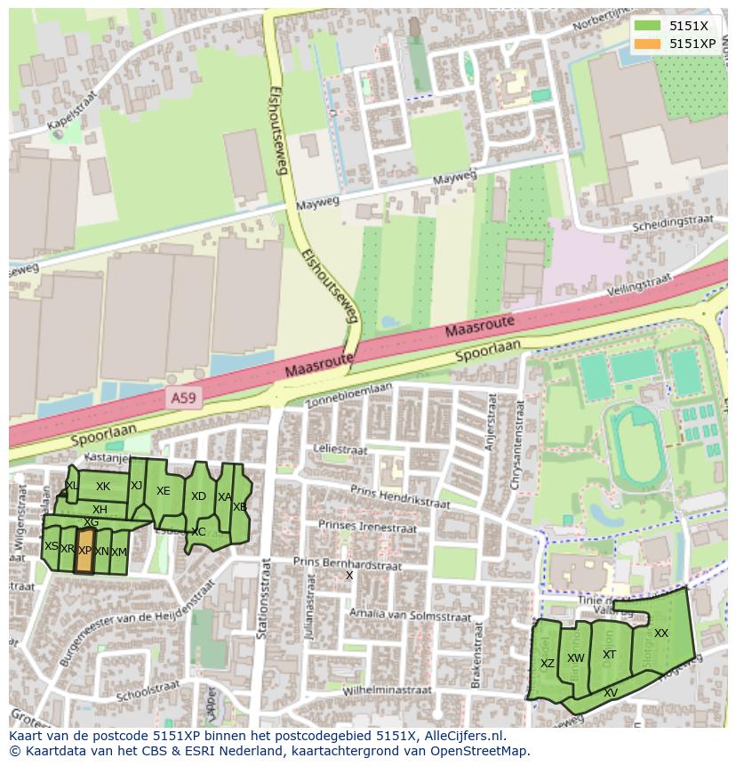 Afbeelding van het postcodegebied 5151 XP op de kaart.