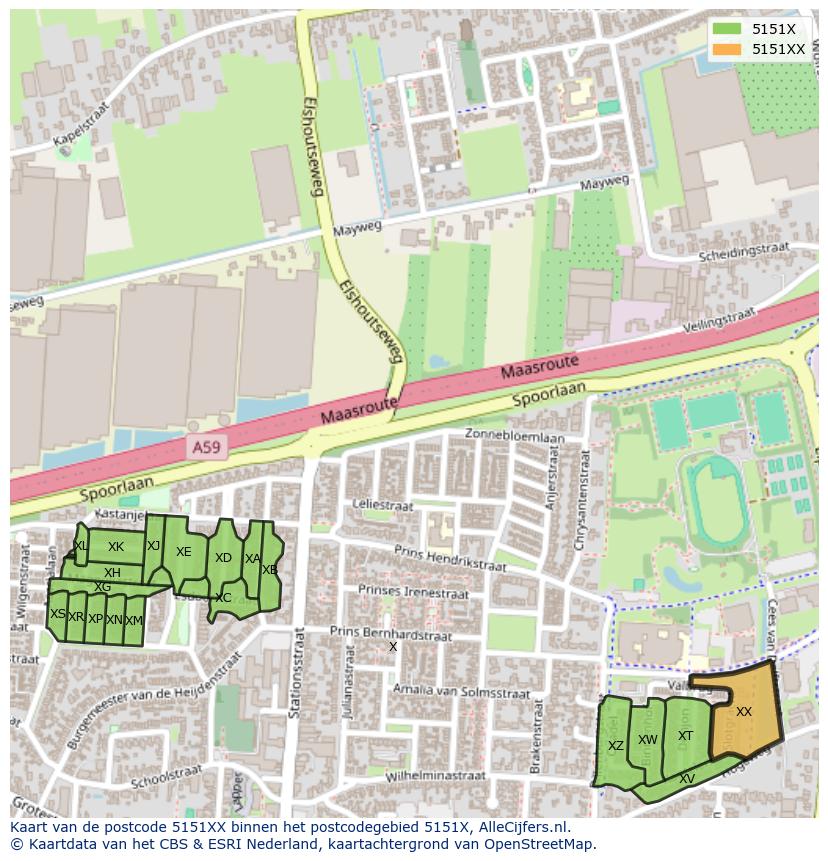 Afbeelding van het postcodegebied 5151 XX op de kaart.