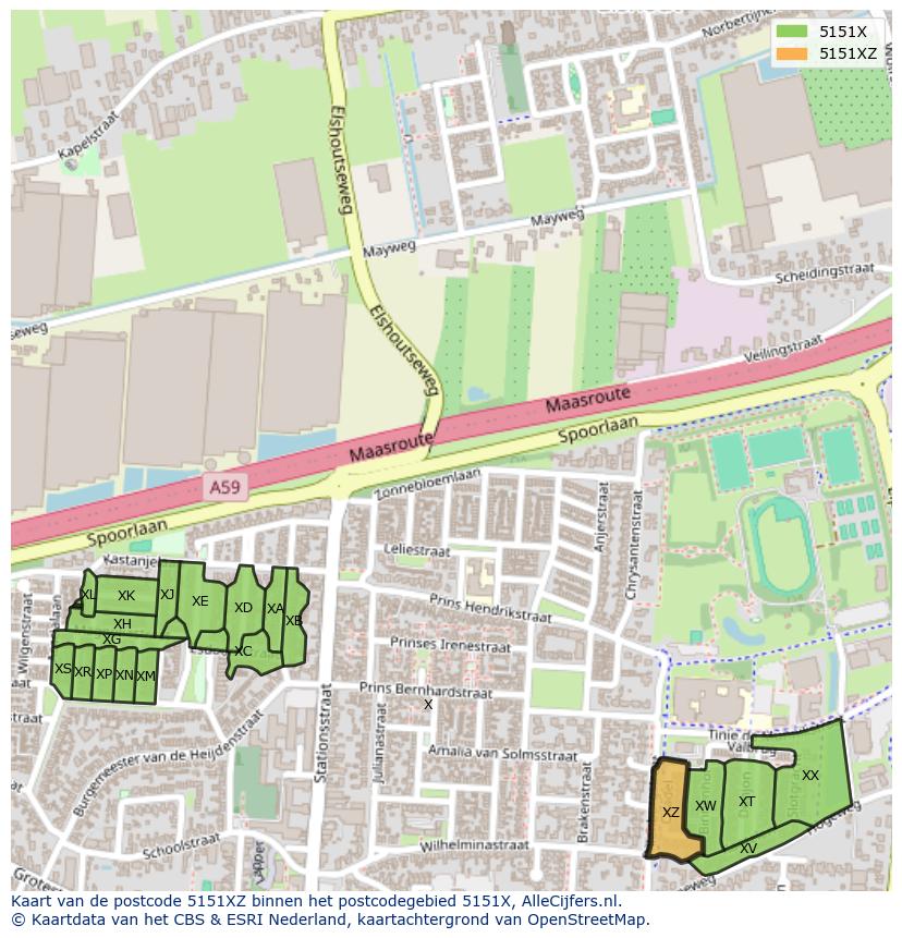 Afbeelding van het postcodegebied 5151 XZ op de kaart.