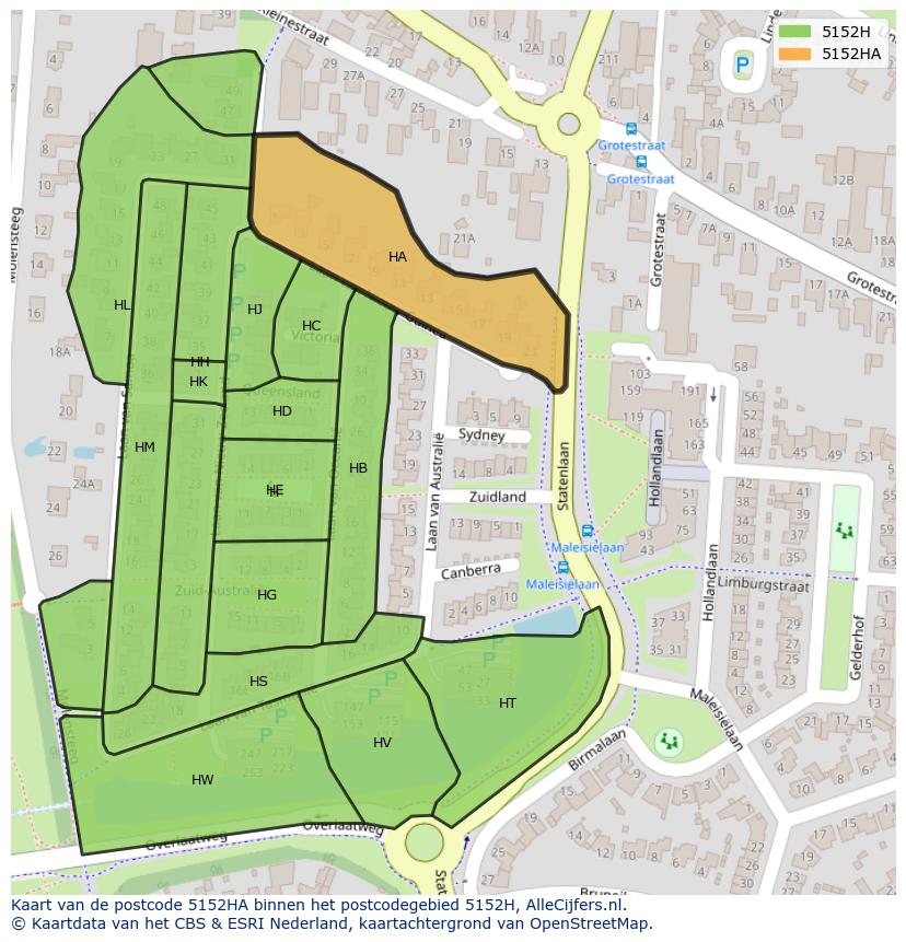 Afbeelding van het postcodegebied 5152 HA op de kaart.