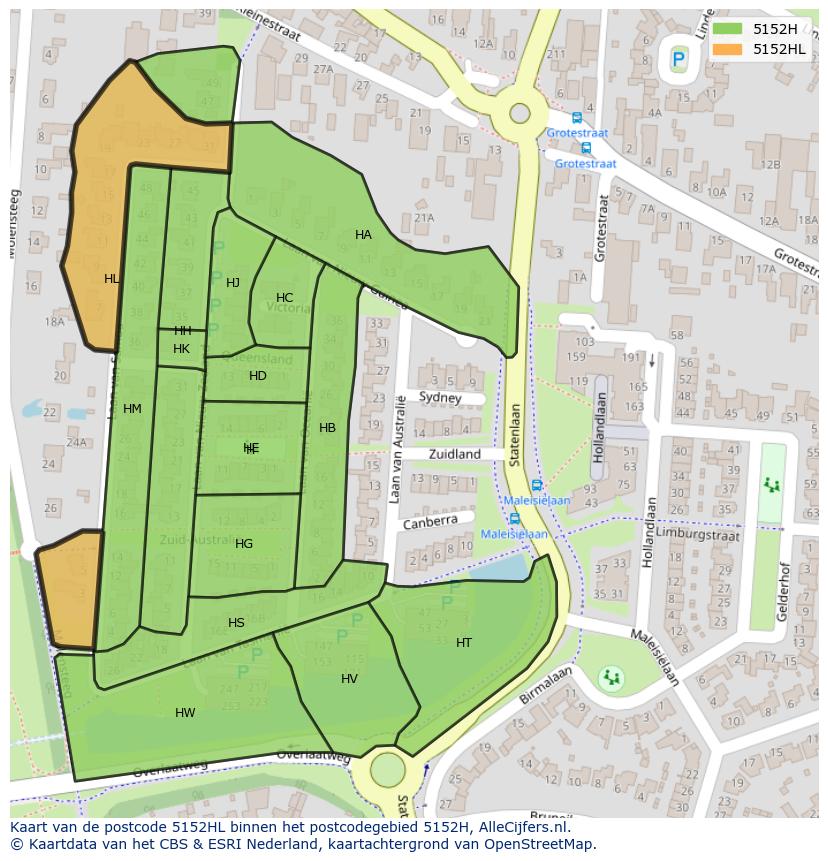 Afbeelding van het postcodegebied 5152 HL op de kaart.