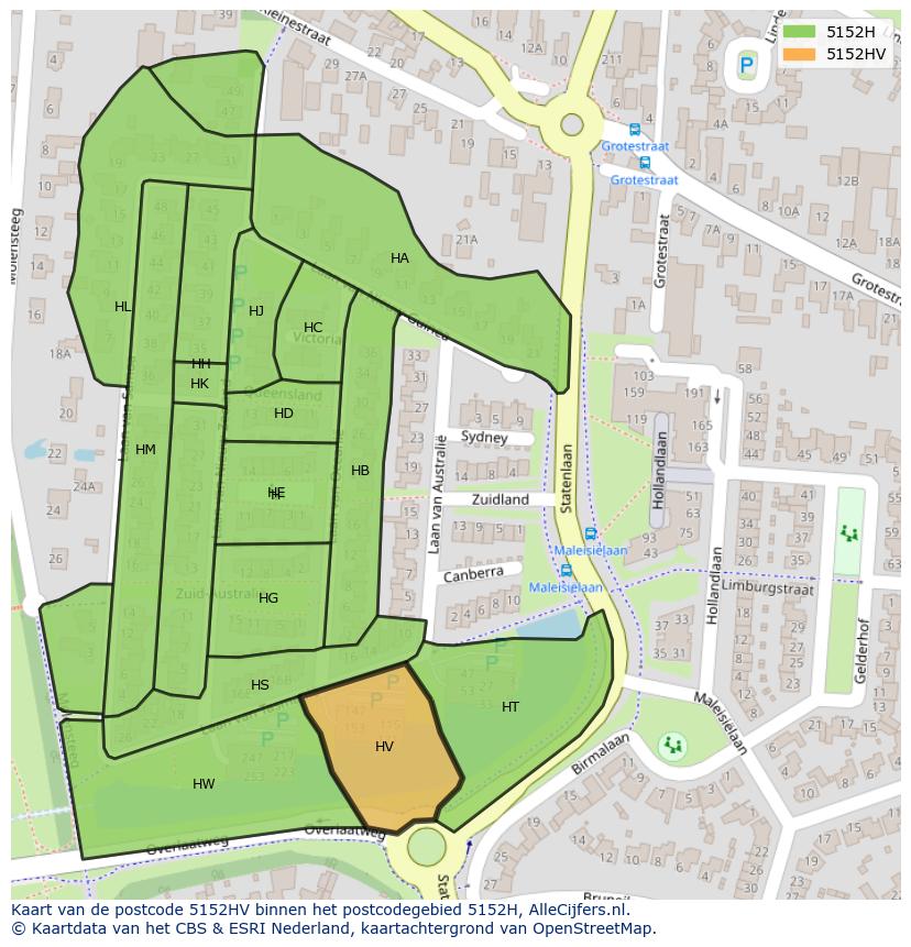 Afbeelding van het postcodegebied 5152 HV op de kaart.