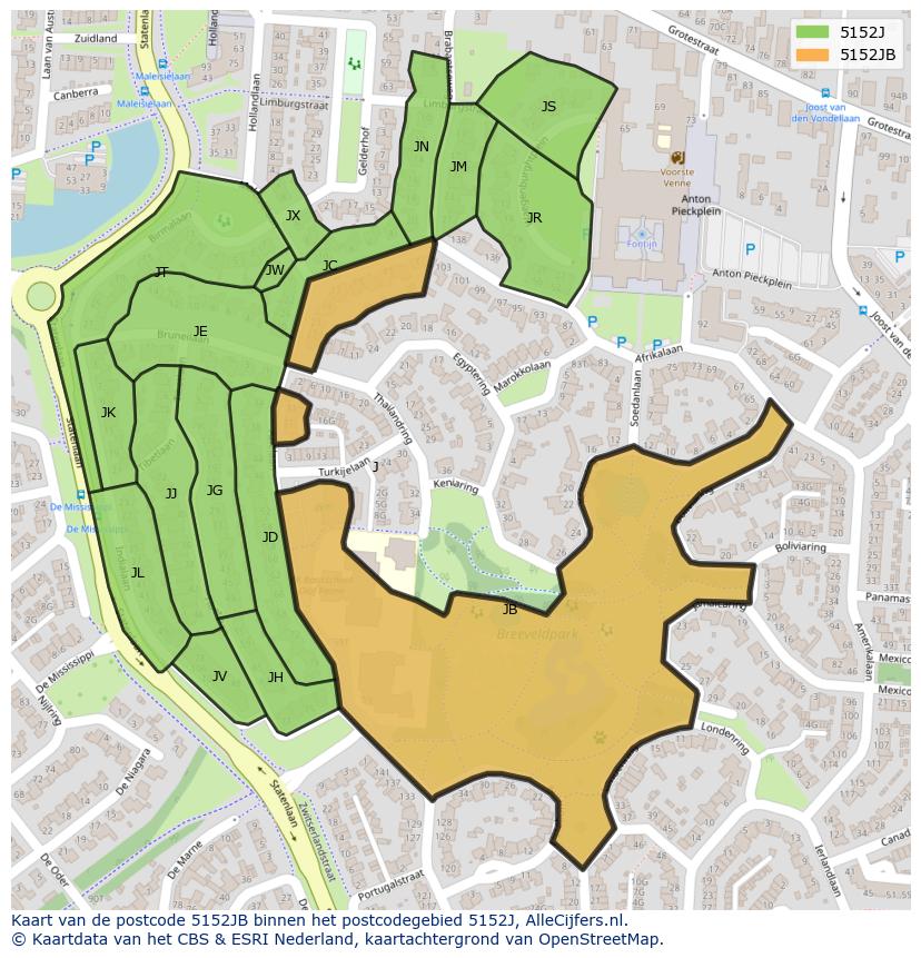 Afbeelding van het postcodegebied 5152 JB op de kaart.