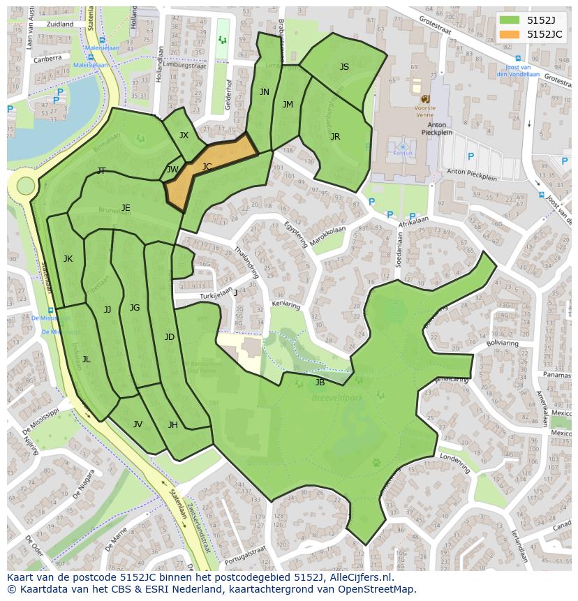 Afbeelding van het postcodegebied 5152 JC op de kaart.