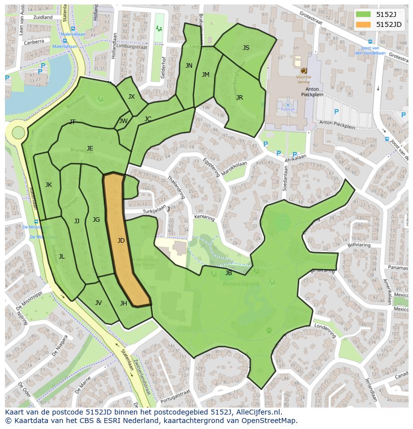 Afbeelding van het postcodegebied 5152 JD op de kaart.