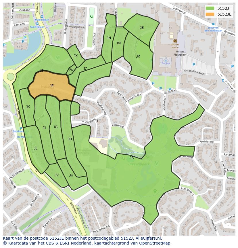 Afbeelding van het postcodegebied 5152 JE op de kaart.