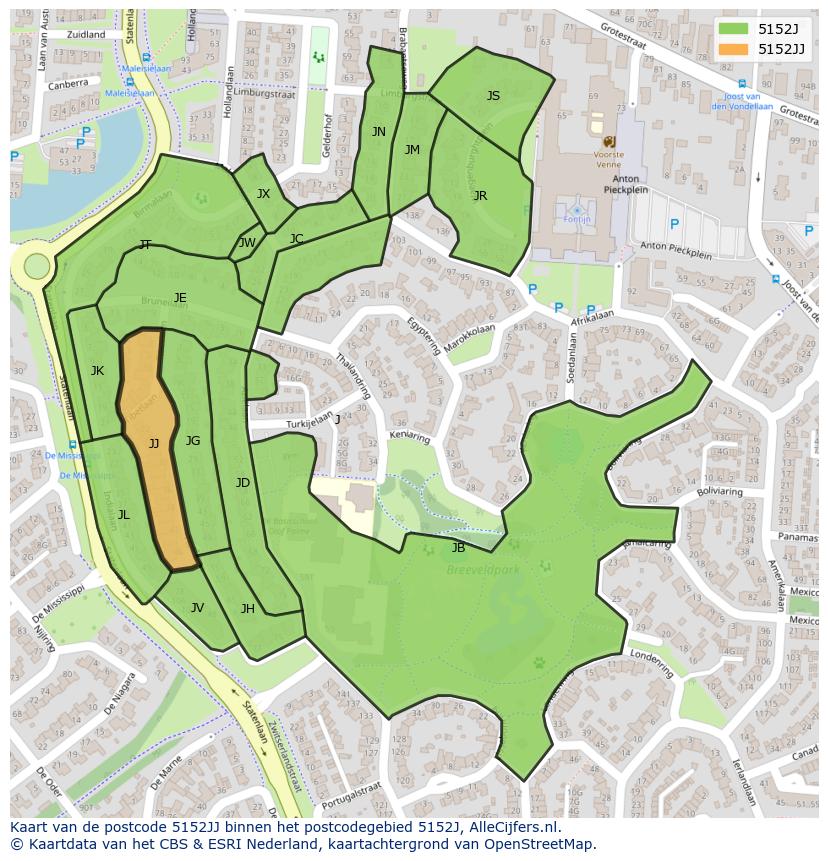 Afbeelding van het postcodegebied 5152 JJ op de kaart.