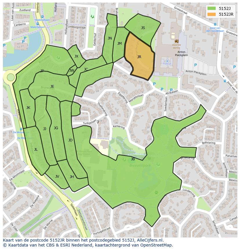 Afbeelding van het postcodegebied 5152 JR op de kaart.