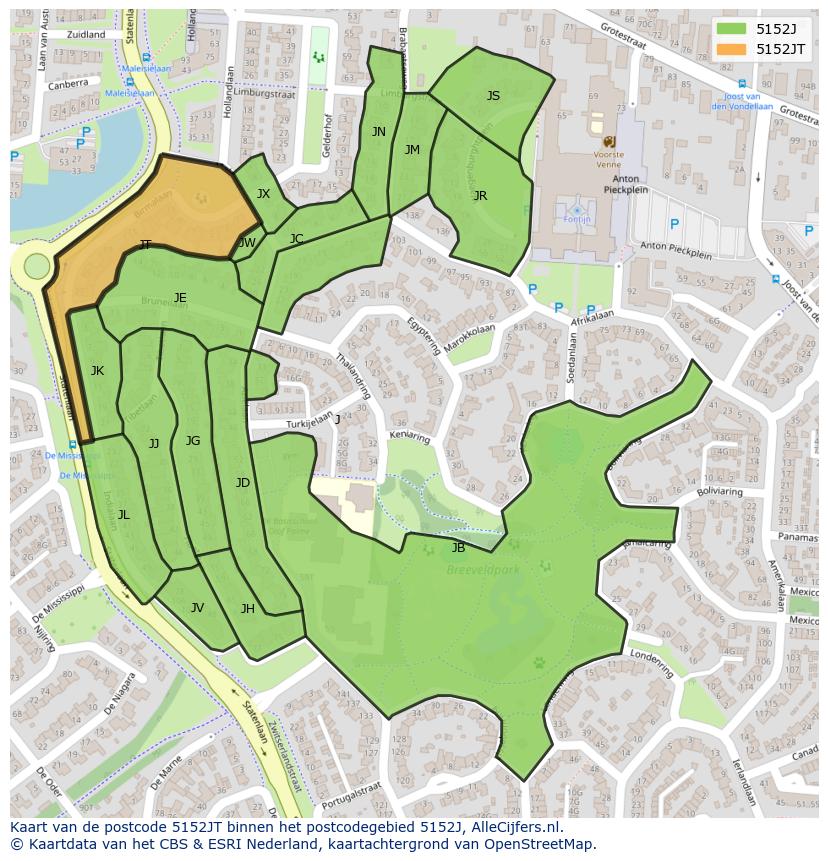 Afbeelding van het postcodegebied 5152 JT op de kaart.