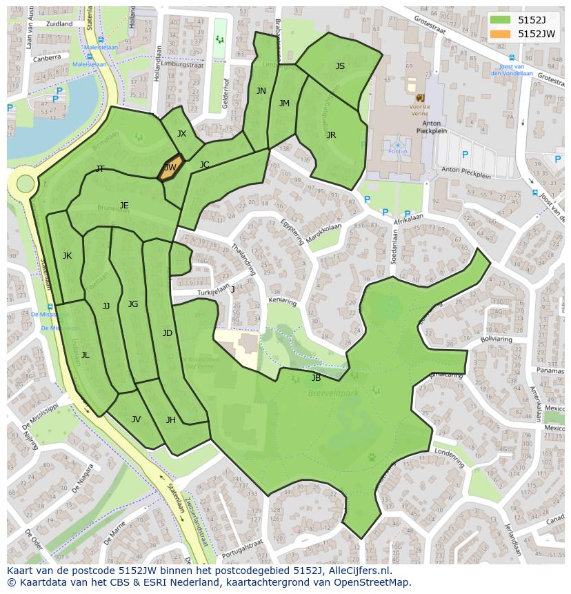 Afbeelding van het postcodegebied 5152 JW op de kaart.