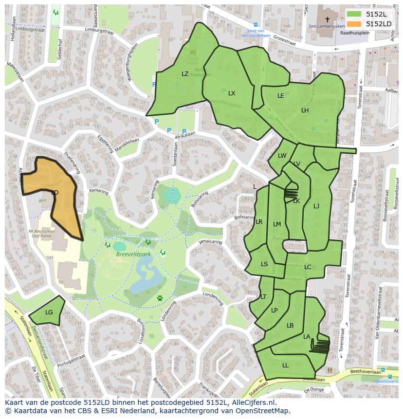 Afbeelding van het postcodegebied 5152 LD op de kaart.